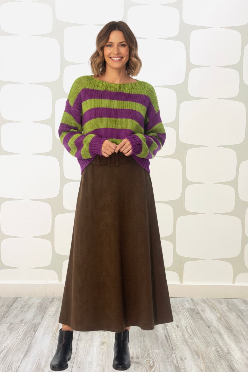 outfit con Maglione Luce a righe pistacchio e viola, Gonna Pedersen marrone