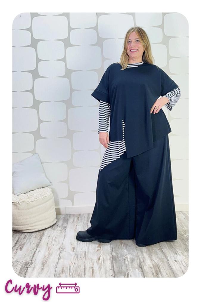 OUTFIT CURVY sartoriale con Maglia Sandra sartoriale nera, Maglia Elisa sartoriale a righe bianco e nero, Pantalone Palace Karlsson nero - fabbrica di giuggiole