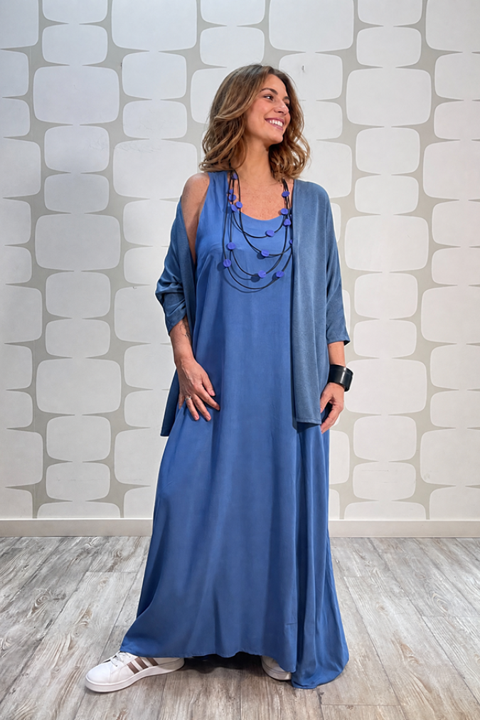 outfit con Cardigan Trilla denim e Abito Finnie denim