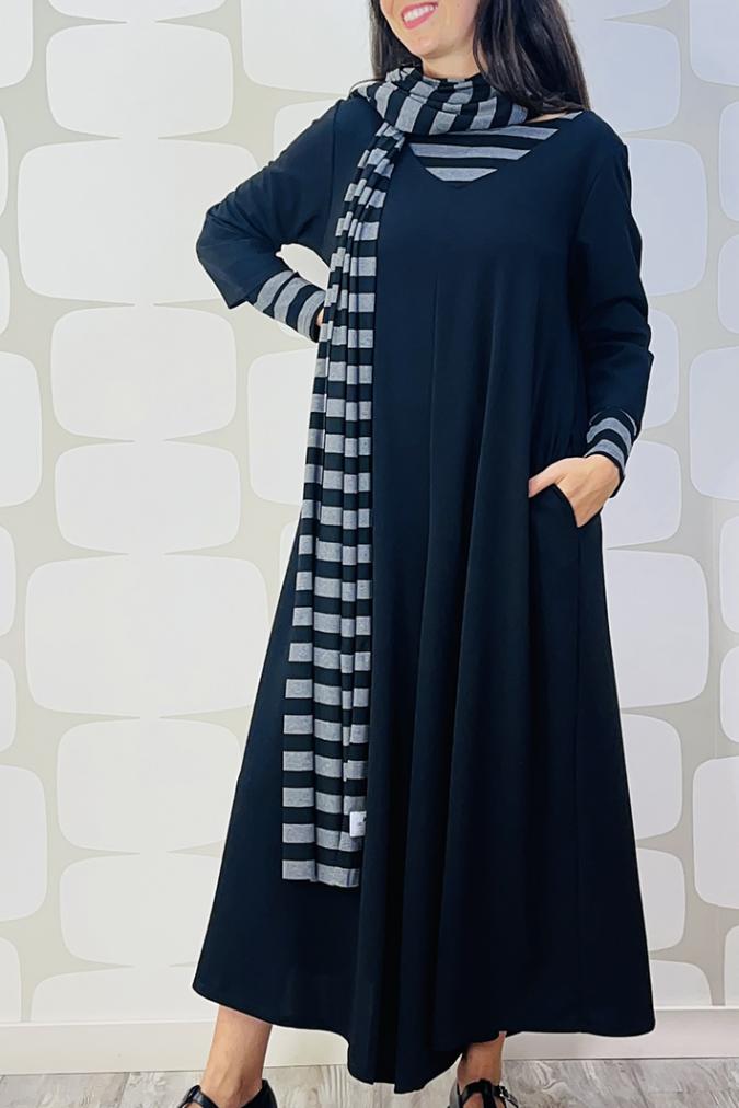 OUTFIT sartoriale Tuta Istanbul in crepe sartoriale nera, Sciarpone Stripes grigio nero sartoriale