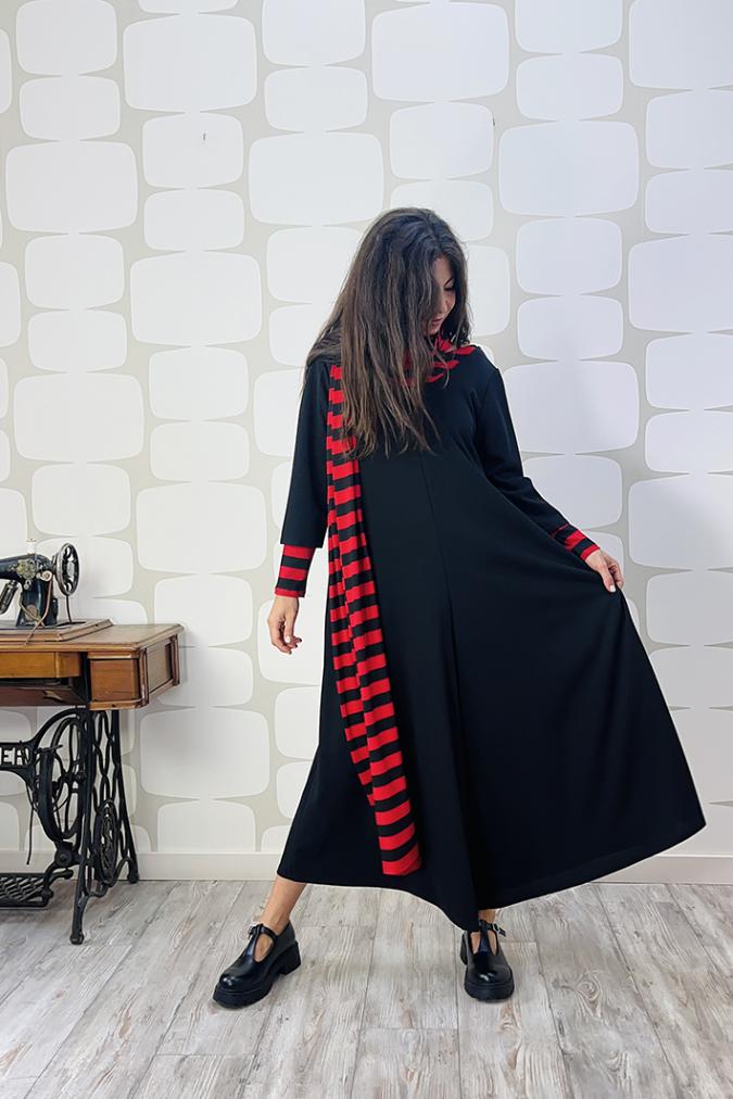 OUTFIT sartoriale Tuta Istanbul in crepe sartoriale nera, Sciarpone Stripes rosso nero sartoriale