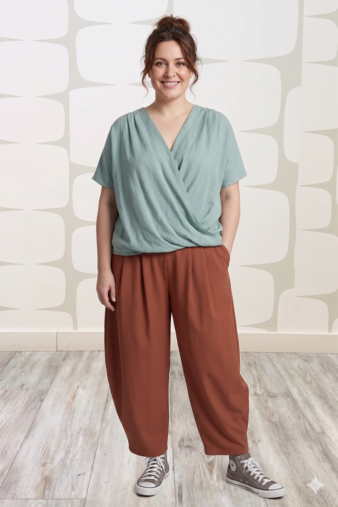 outfit curvy con Blusa Marion turchese e Pantalone Howard cioccolato