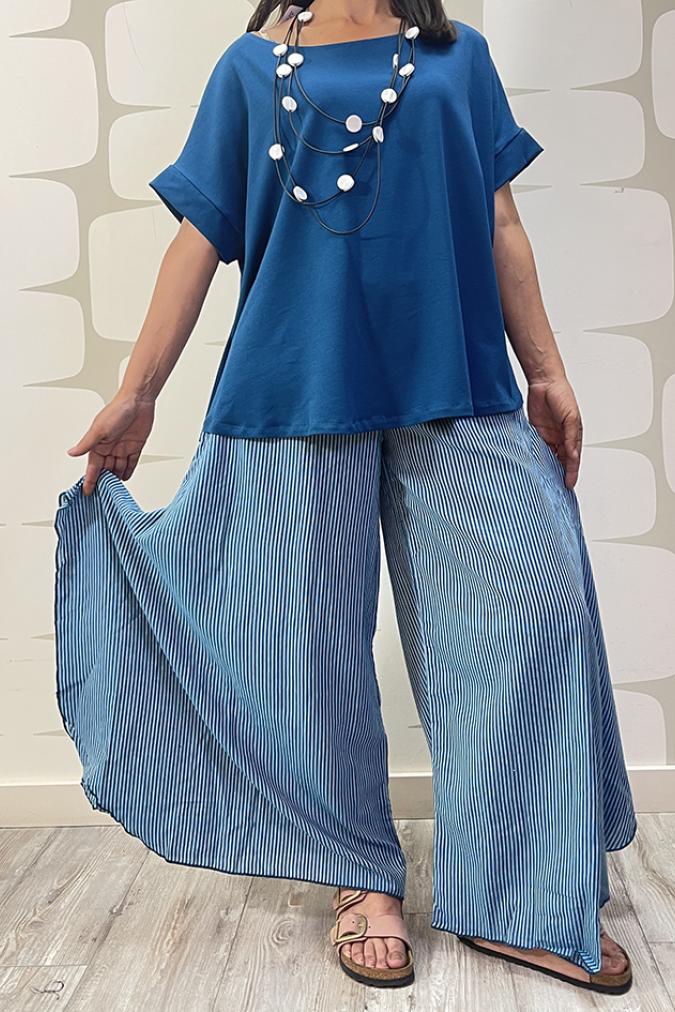 outfit con Maglia Mango sartoriale petrolio e Pantalone Maya a righe petrolio