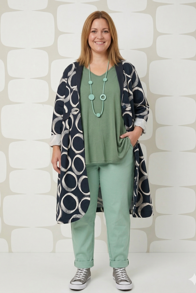 outfit curvy con Spolverino Midori, Maglia Turnbow verde e Pantalone Munson verde