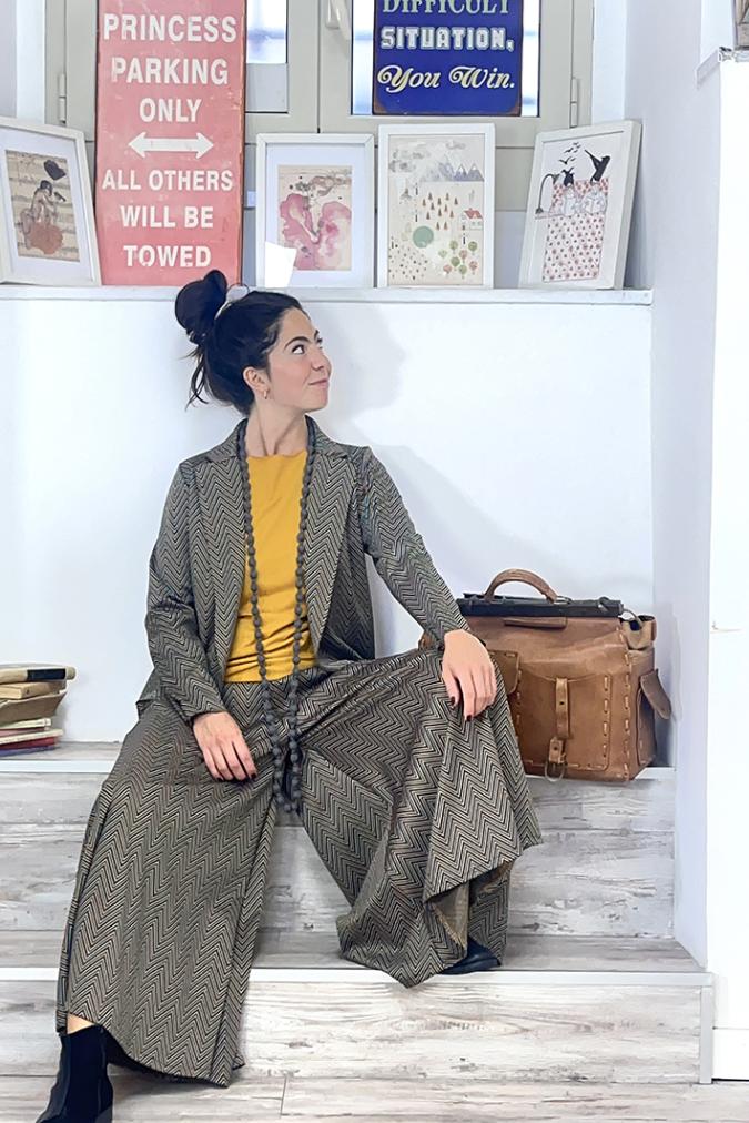  OUTFIT sartoriale con Giacca Stefy fantasia turchese arancio sartoriale e Pantalone Newman Ottavia turchese arancio sartoriale