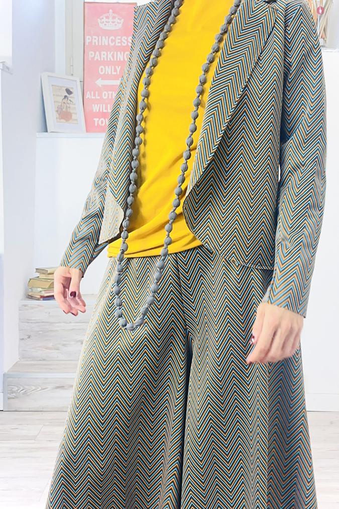  OUTFIT sartoriale con Giacca Stefy fantasia turchese arancio sartoriale e Pantalone Newman Ottavia turchese arancio sartoriale