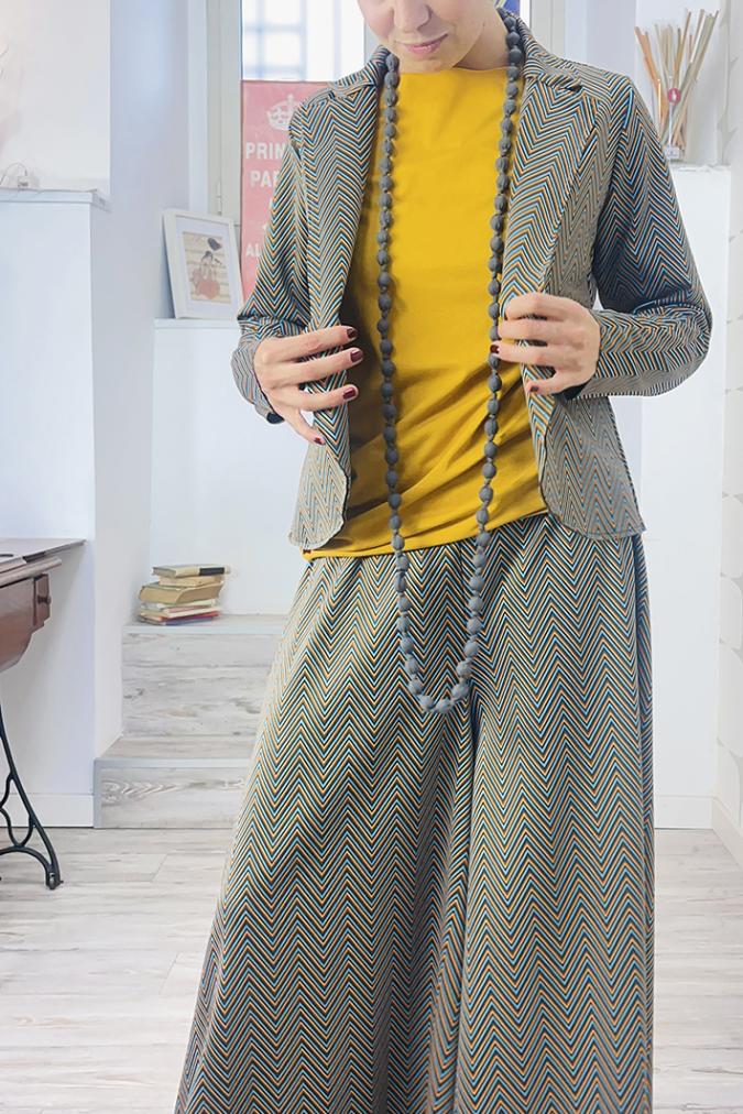  OUTFIT sartoriale con Giacca Stefy fantasia turchese arancio sartoriale e Pantalone Newman Ottavia turchese arancio sartoriale