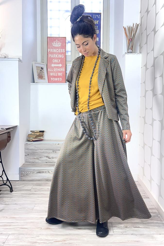  OUTFIT sartoriale con Giacca Stefy fantasia turchese arancio sartoriale e Pantalone Newman Ottavia turchese arancio sartoriale