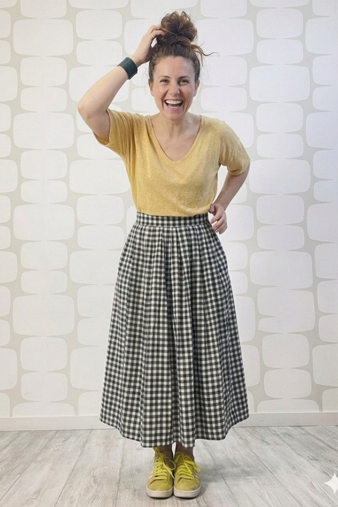 outfit con Maglia Bannister gialla e Gonna Vichy